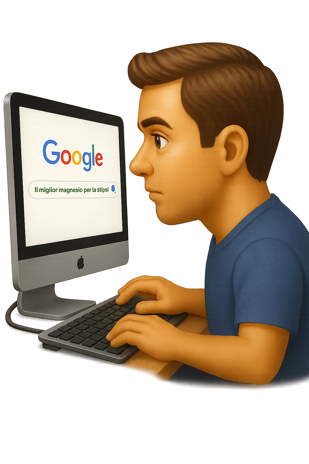 emoji stile iphone di un uomo davanti al pc che cerca di google: "Il miglior magnesio per la stipsi", iperrealistico 4k emoji