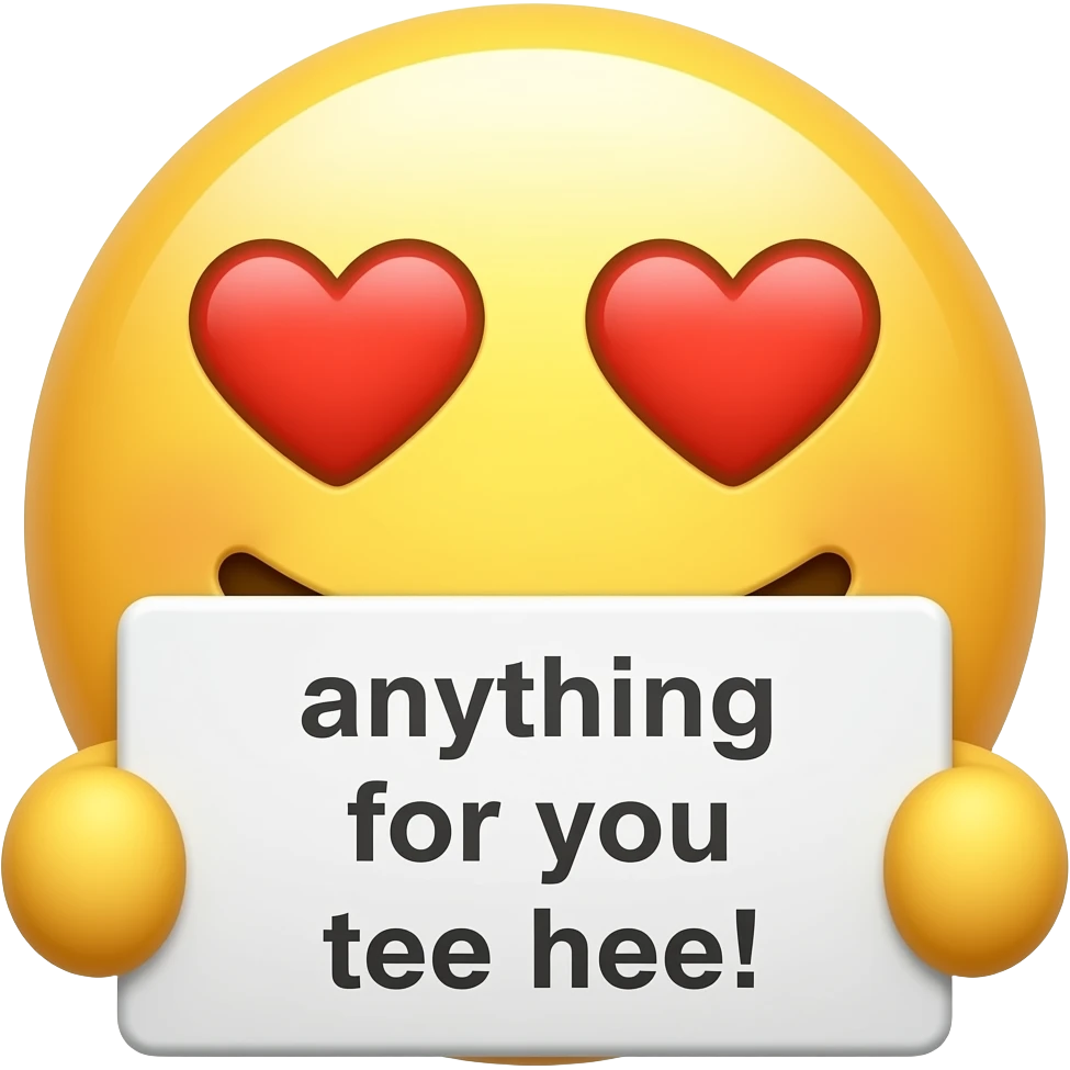 Yellow smiley in love holding up a sign sign that says "anything for you tee hee" Minios emoji