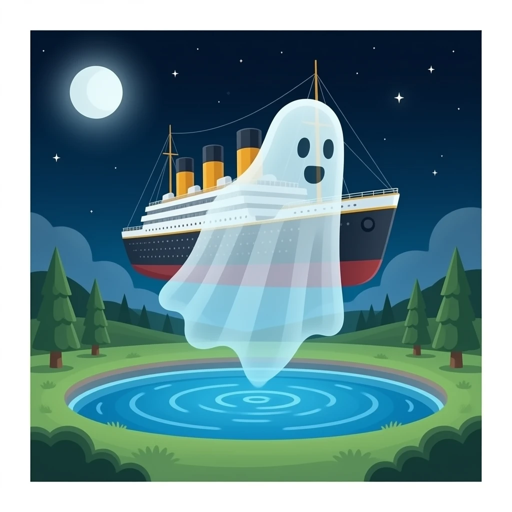 the ghostly ship Titanic hovers in the night sky above a pool of water emoji