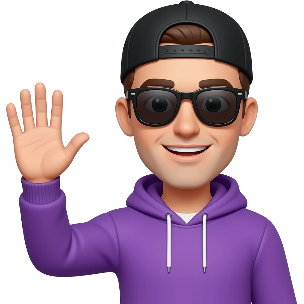 tall skinny guy with black basecap, purple hoodie, sunglasses waving hand emoji