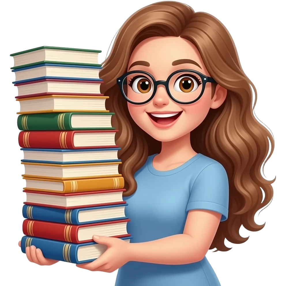 detailed emoji illustration of a curvy woman with long light brown wavy hair, light brown eyes and round glasses holding a huge stack of books, excited book lover expression, cute emoji style emoji