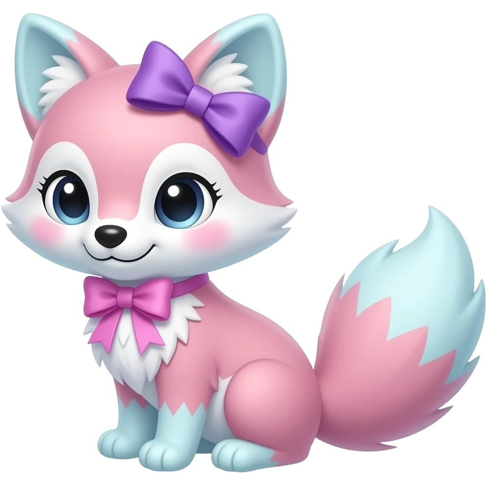 A pink and baby blue fox with a purple and pink bow emoji