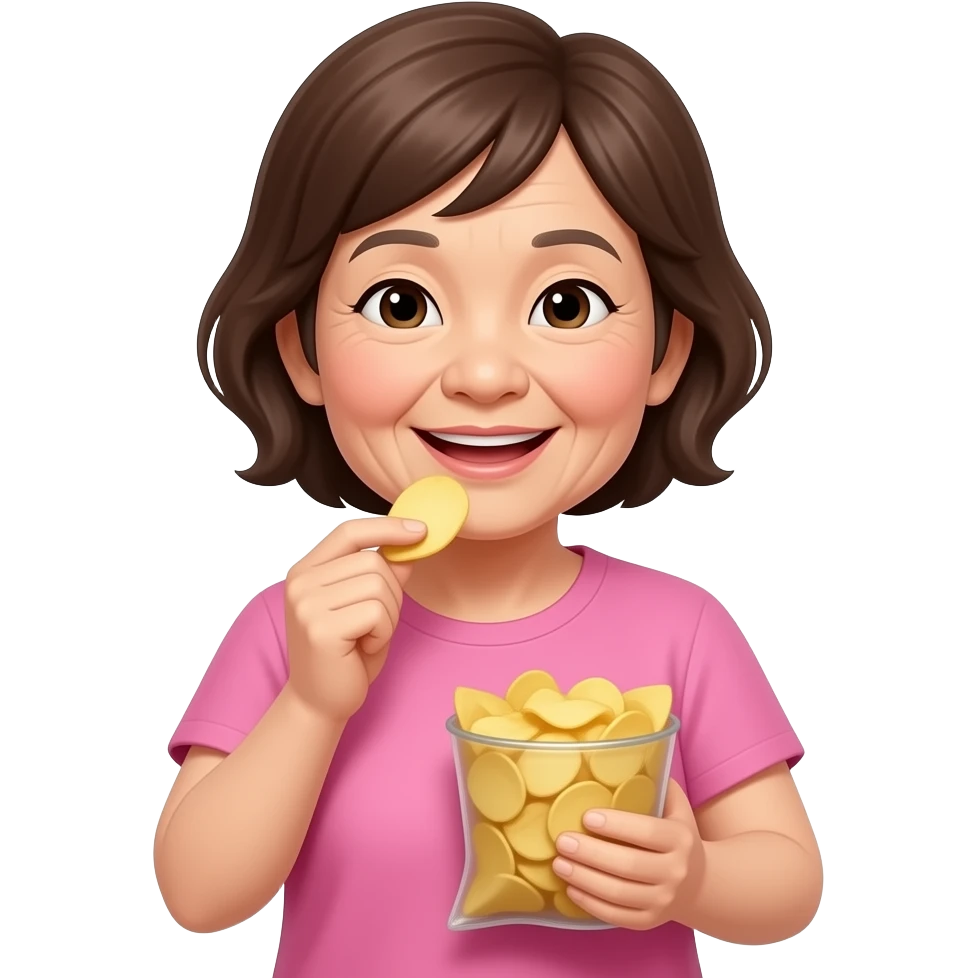 Asian grandma wearing pink tshirt with really short brown hair eating potato chips emoji