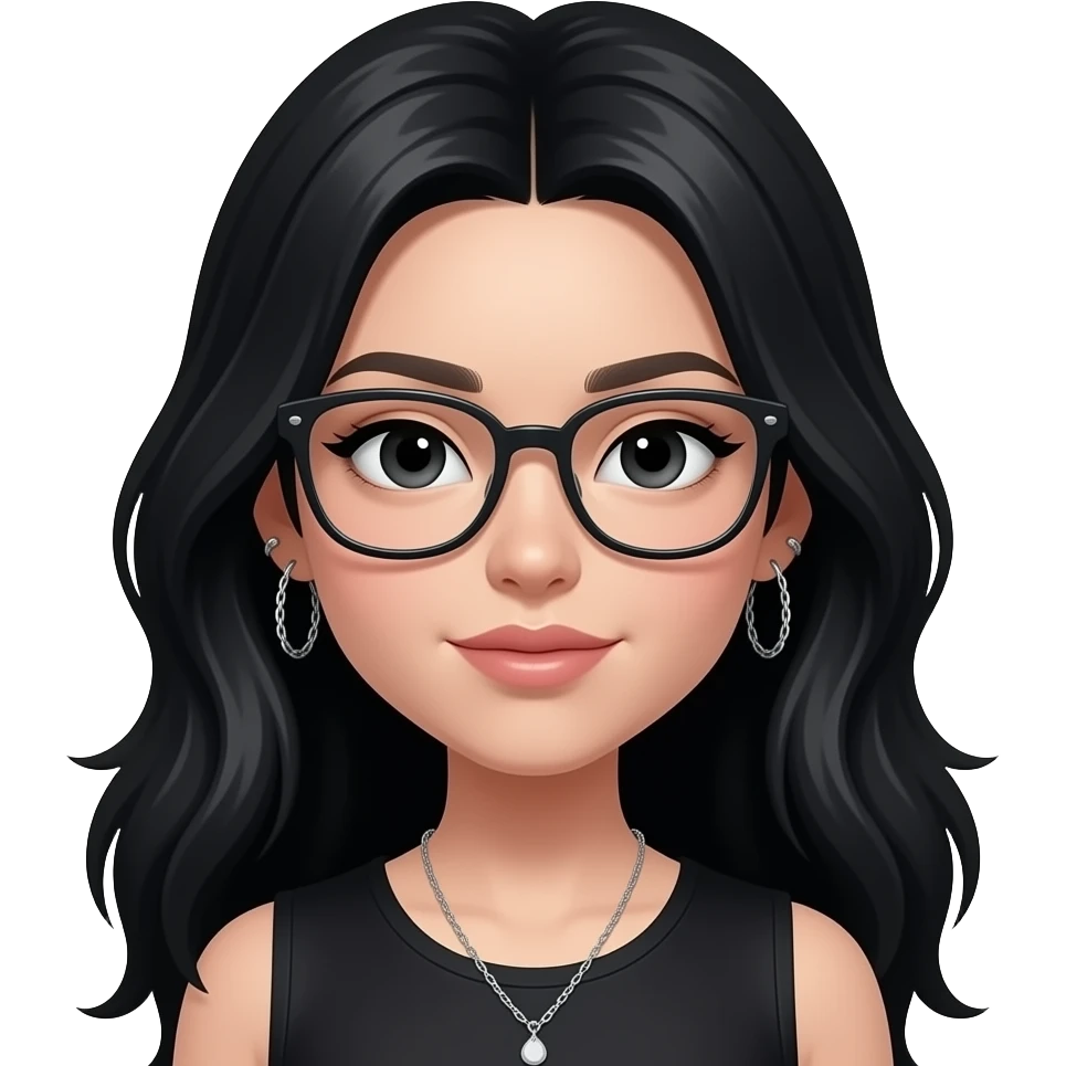 girl in black, long hair with volume , black eyes with small eye liner, with chain piercing earrings and glasses emoji