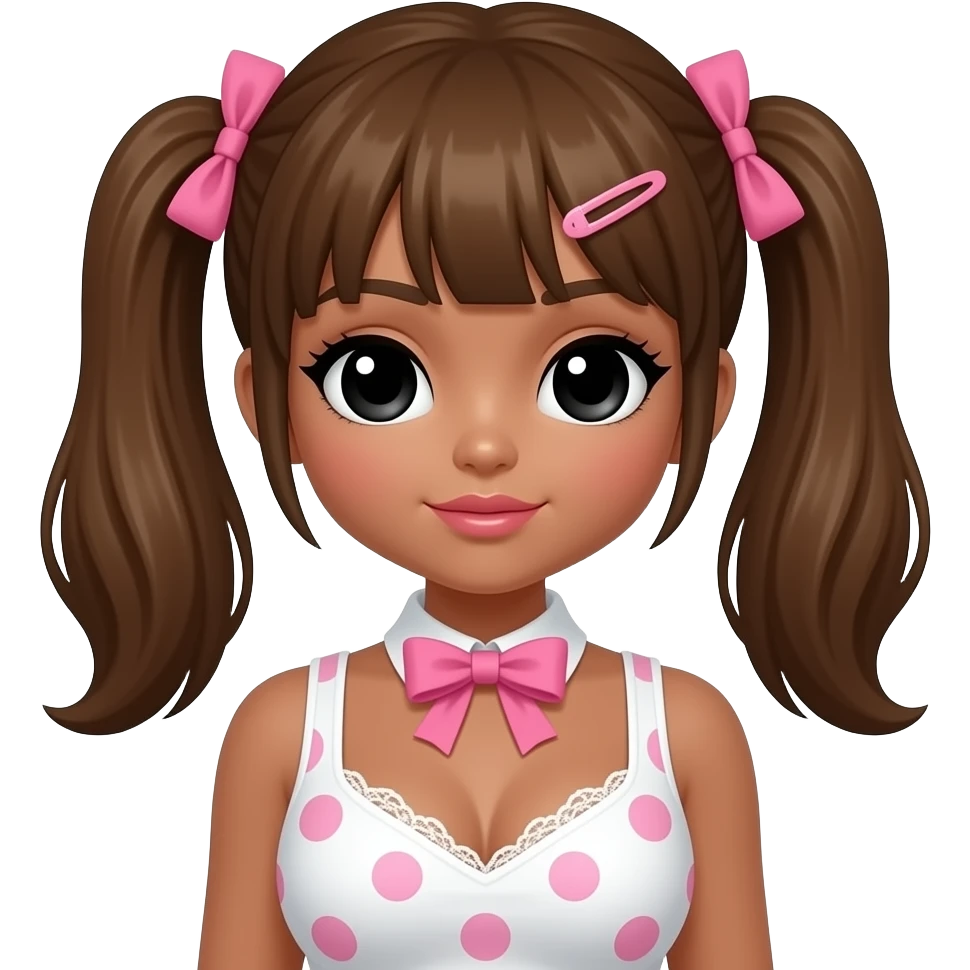 my melody hairclip, dark brown skin, Doll faced shaped, bimbo, black doll eyes, Big lips, honey brown hair, with white or pink lace white polka dots with gyaru sleeveless shirt, with hime gyaru bows, big breast emoji