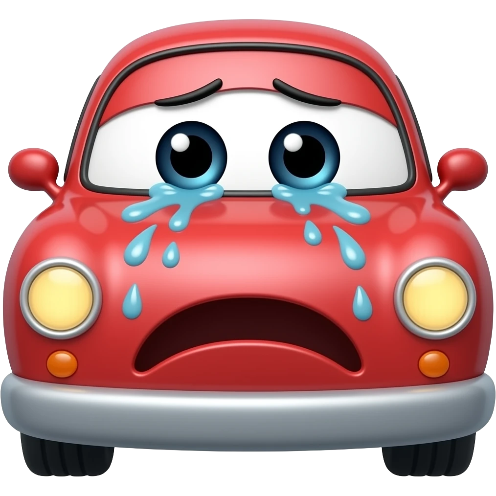 Sad cartoon red car with big pupils and crying eyes emoji