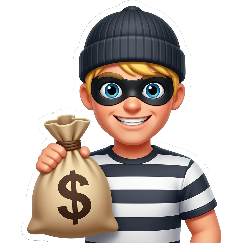 A simplified graphic of a detailed, smiling robber emoji with blonde hair, an eye mask, a beanie, and a striped shirt, holding a burlap money sack marked with a dark dollar symbol ('$') against a pure black background. In the upper-right, a minimal, white-outlined heart icon. emoji