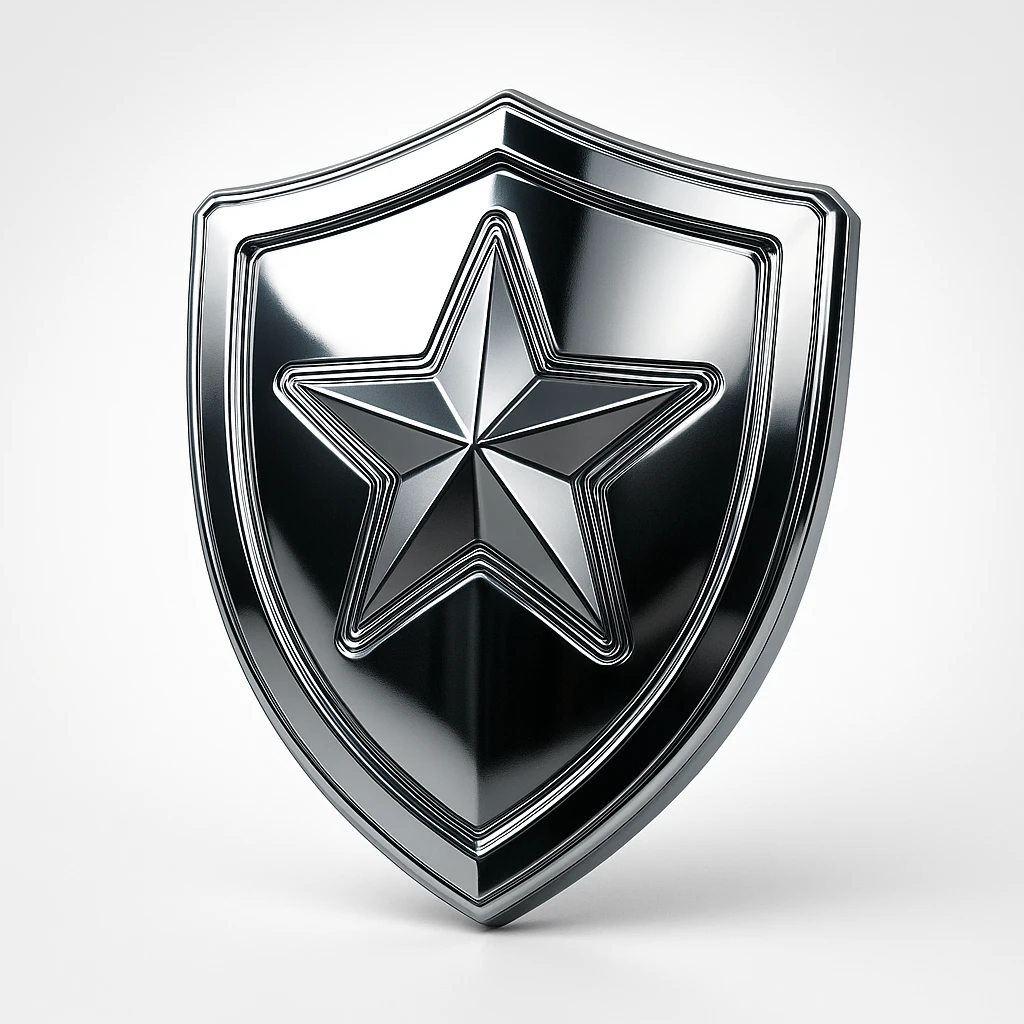 chrome style shield with a central star, dark mirror finish, sci-fi emoji