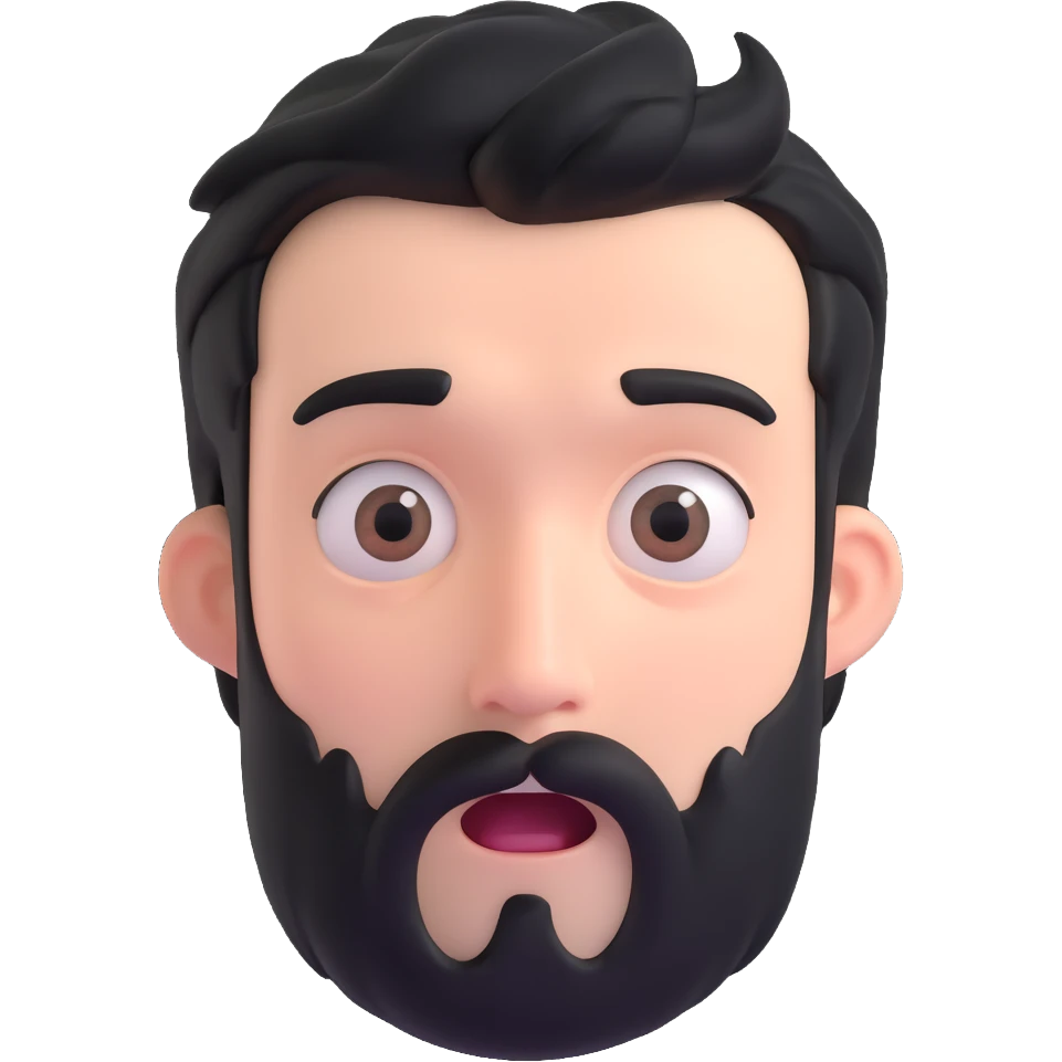 male face with black hair, stubbly beard, white skin, surprised expression emoji