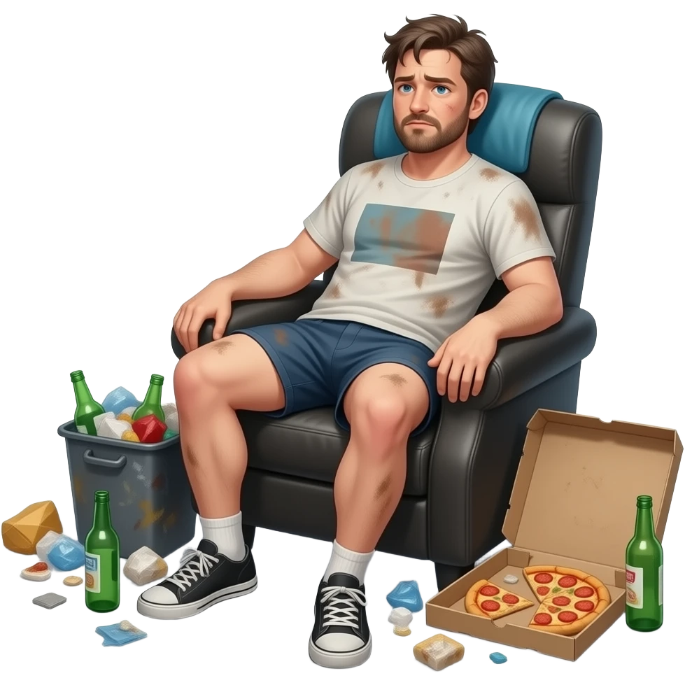 Erstelle ein emoji von einem ungepflegten Mann im schmutzigen tangtop und Unterhose, er sitzt faulenzen im Sessel und um ihn herum liegt Müll, wie eine Pizzaschachtel und leere Flaschen emoji