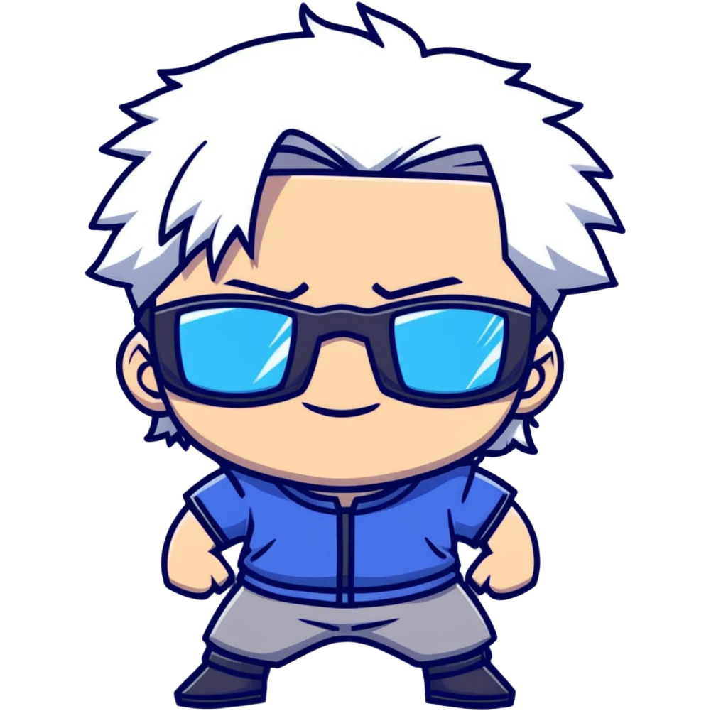 Satoru Gojo from Jujutsu Kaisen, white hair, dark sunglasses, confident smirk, blue eyes, chibi face proportions, energetic expression emoji