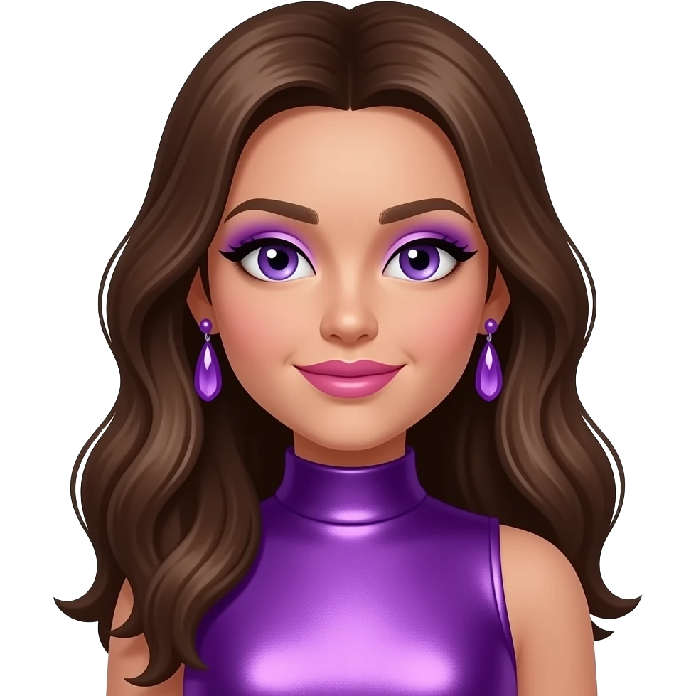Nikki from Diva Starz with violet eyes, long brown hair, lilac eyeshadow, pink lipstick, purple metallic high neck dress, lilac earrings emoji