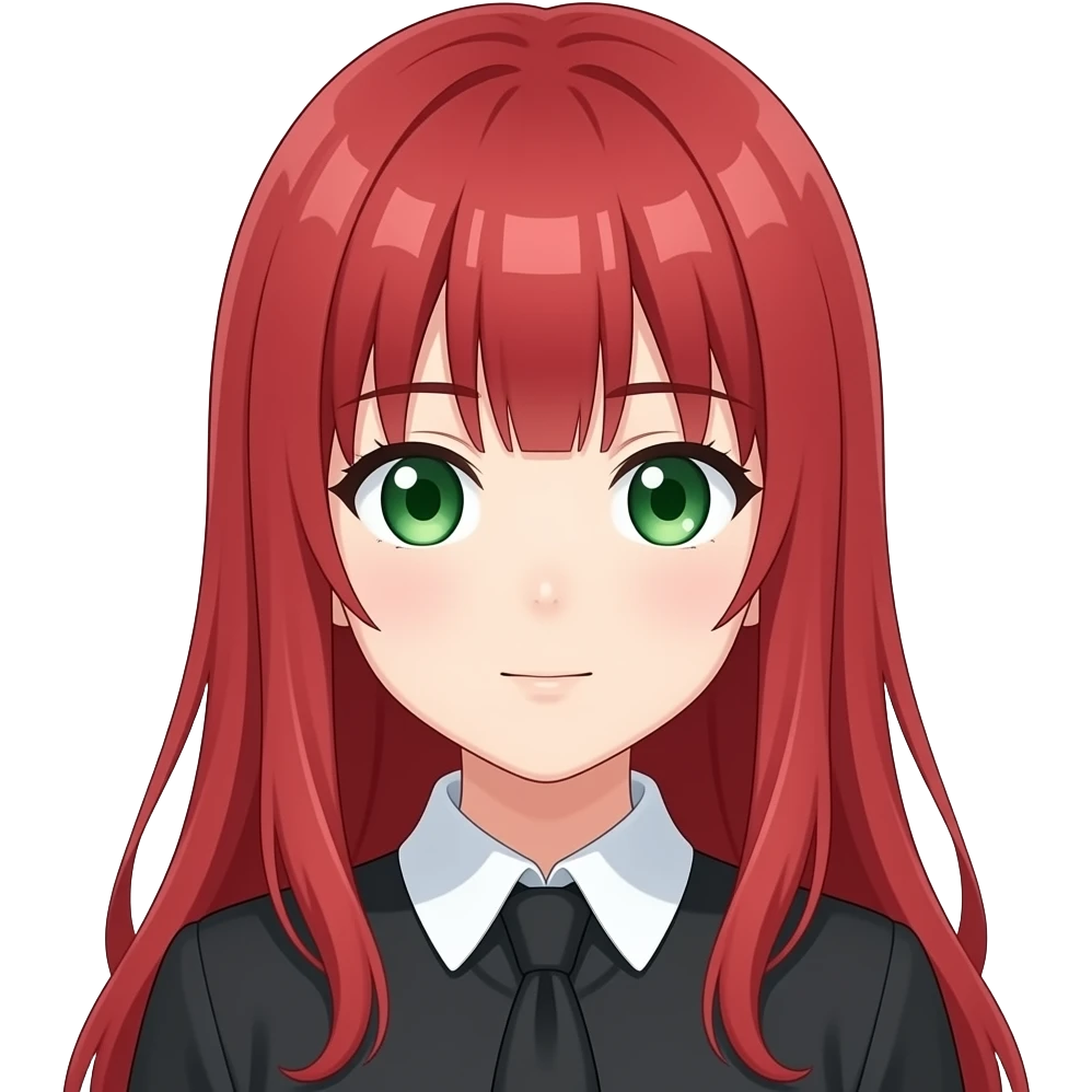 anime girl head bowed long red hair green eyes black blouse with white collar emoji