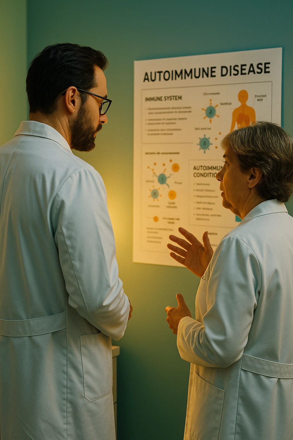 Realistic, detailed photo taken from behind of two doctors—a bearded man and a middle-aged woman—standing and facing each other as they discuss an autoimmune disease diagnosis in front of a medical chart that displays information about the immune system and autoimmune conditions. The scene is illuminated by a yellowish, orange, warm light that softly envelops the doctors. The entire room is bathed in a single green-blue color, creating a cohesive and modern atmosphere. Both doctors wear white coats, and their body language suggests a serious, professional conversation about the complexities of autoimmune diseases. Shot with a Canon EOS R5, with high detail and natural depth of field. in italiano emoji