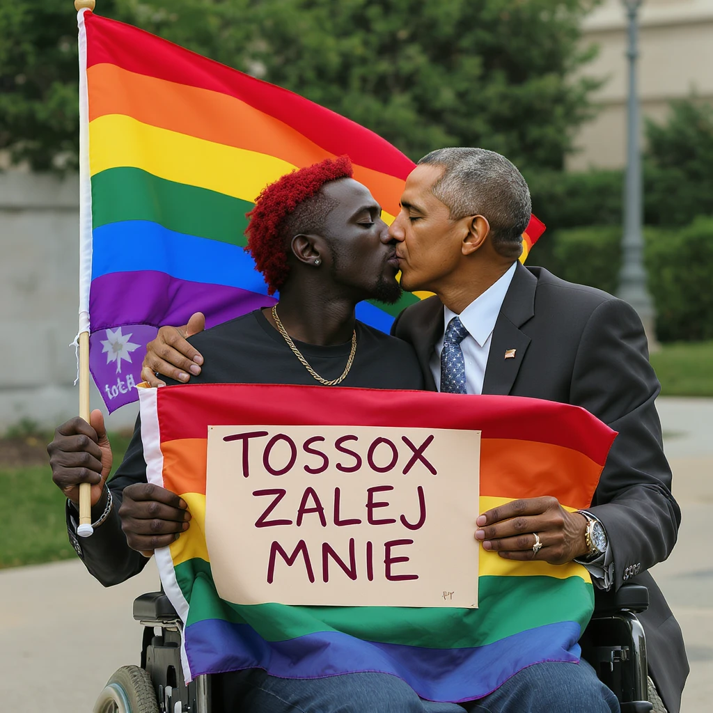 Black man with red hair sitting on wheelchair holding lgbt flag holding text "T0ssox zalej mnie" kissing with barack obama emoji