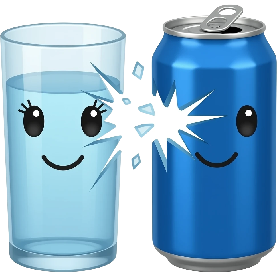 A plain blue soda can with a cute face without eyelashes and a tall glass bowl of water with a cute face with eyelashes shattering emoji