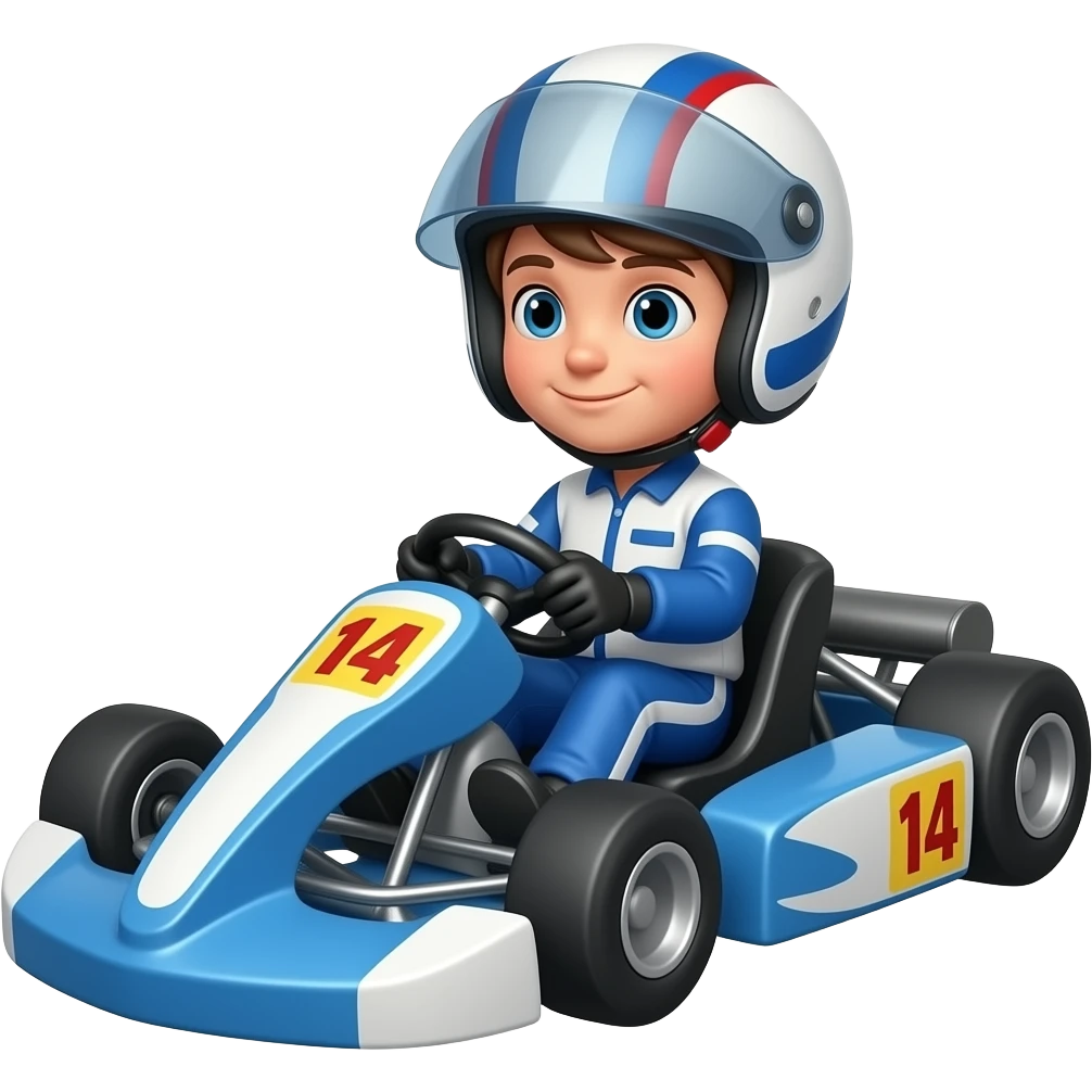 A kid wearing a helmet driving a indycar go kart emoji