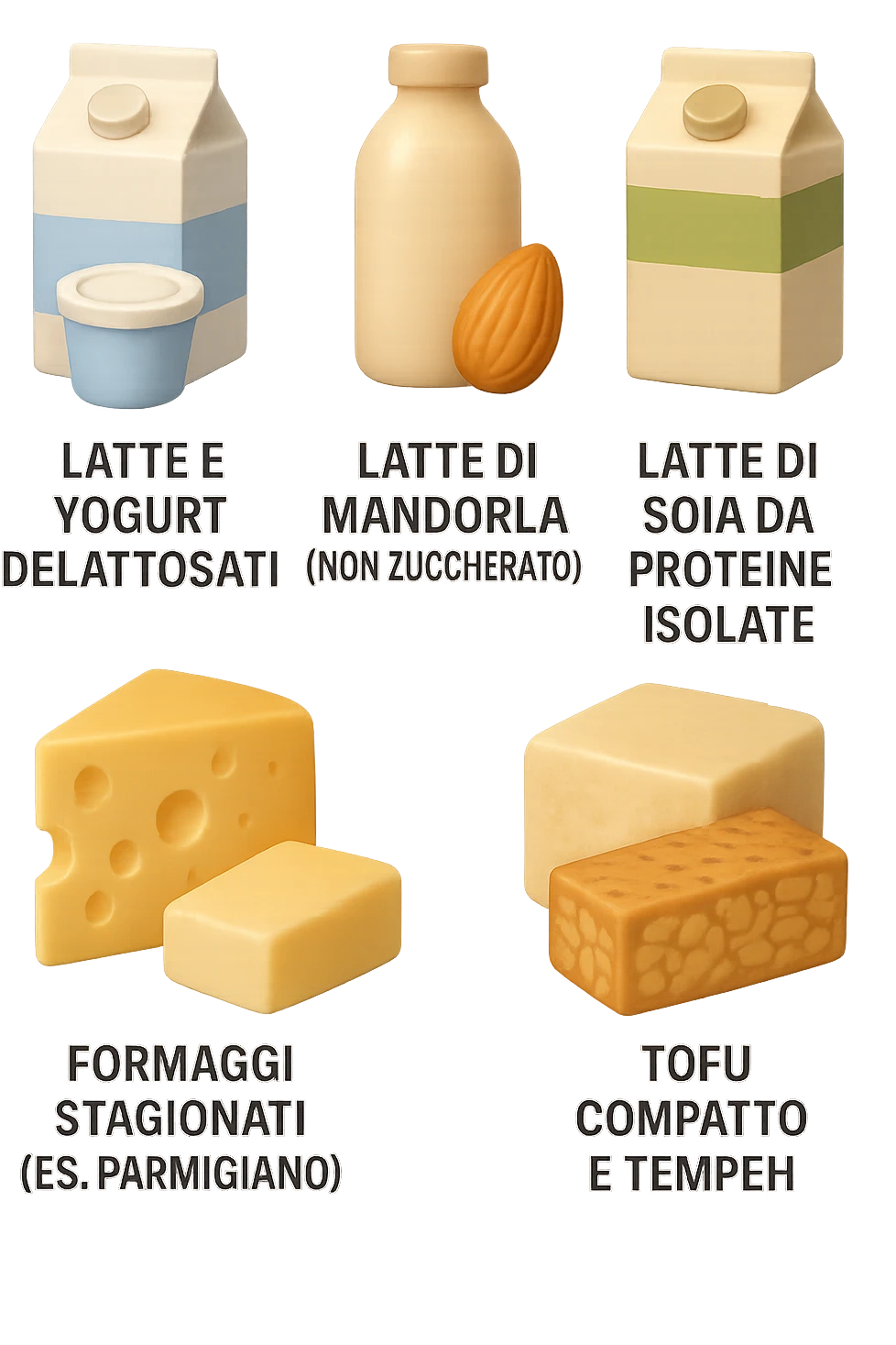 emoji stile iphone 3d di questi elementi che fluttuano in aria:

Latte e yogurt delattosati
Latte di mandorla (non zuccherato)
Latte di soia da proteine isolate
Formaggi stagionati (es. parmigiano)
Tofu compatto e tempeh
 che fluttuano in aria,  le etichette scrivile in italiano, iperealistico 4k emoji