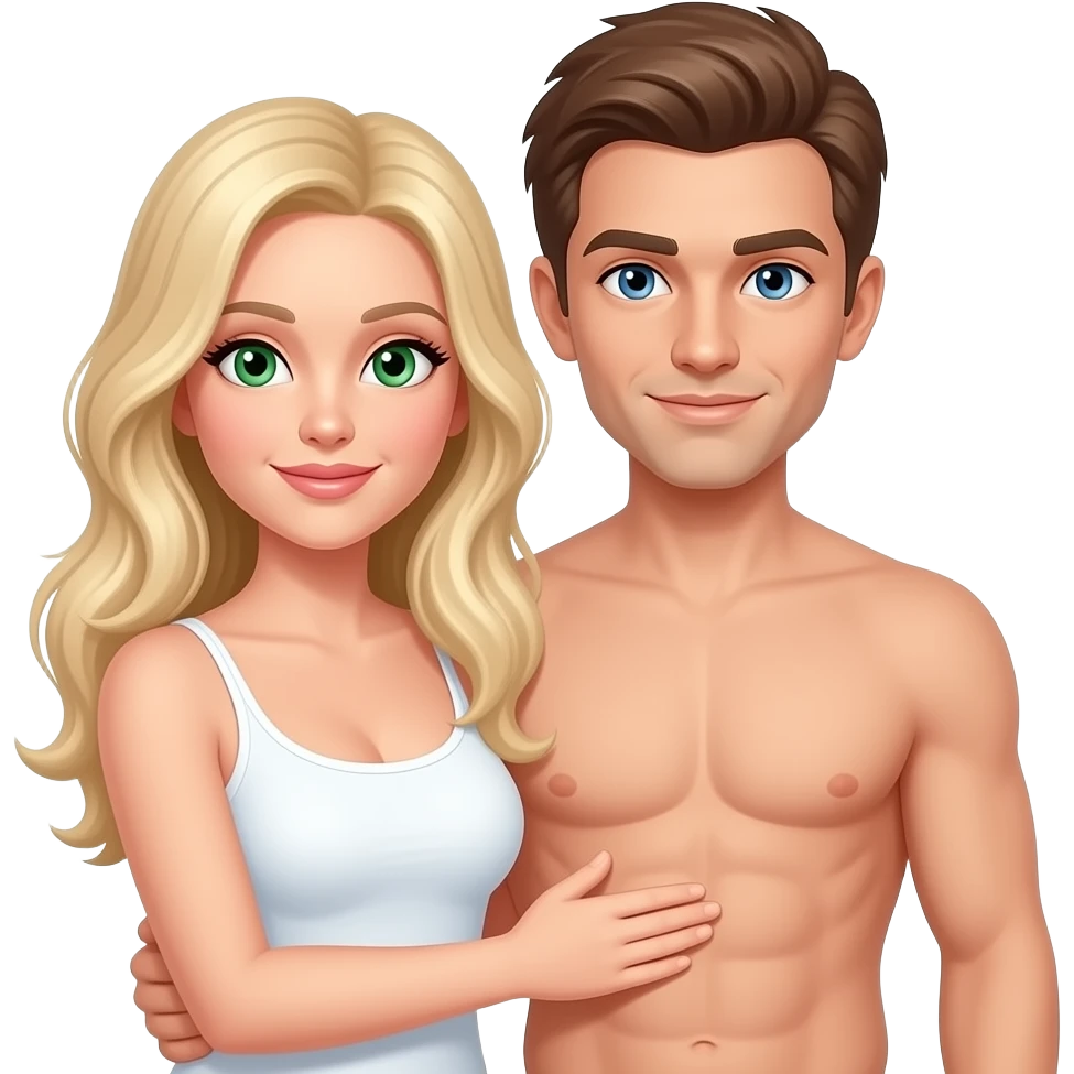 A naked white woman with blonde hair and green eyes holding a naked white male with brown hair and blue eyes without 6 pack abs emoji