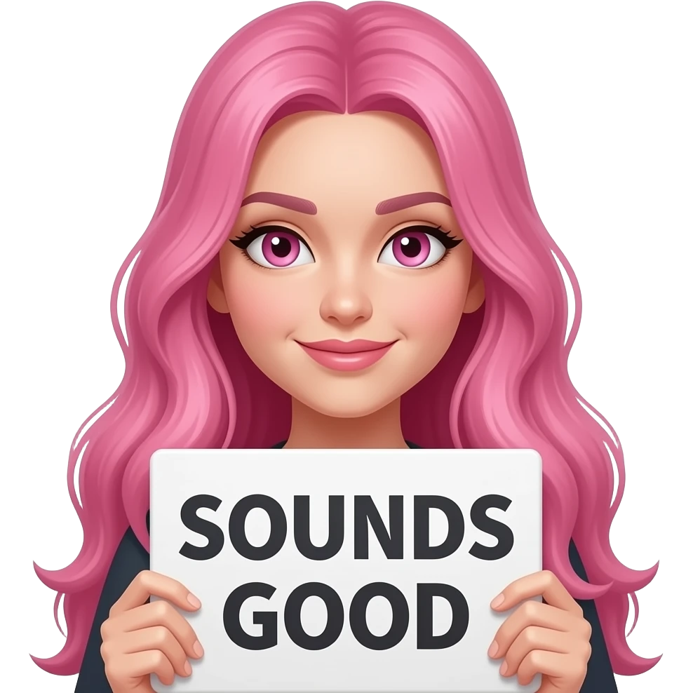 sexy girl with long pink hair and pink eyes wearing a holding a SOUNDS GOOD sign emoji