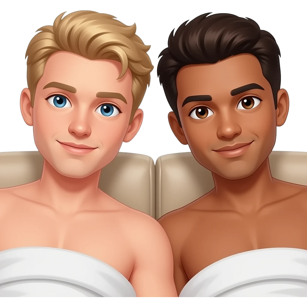 Make a young gay couple on a Date , one has light Skin with Blond Hair and Blue Eyes, the other one has slightly brown skin witz dark Brown Hair and Brown Eyes. They are laying shirtless on a couch. emoji