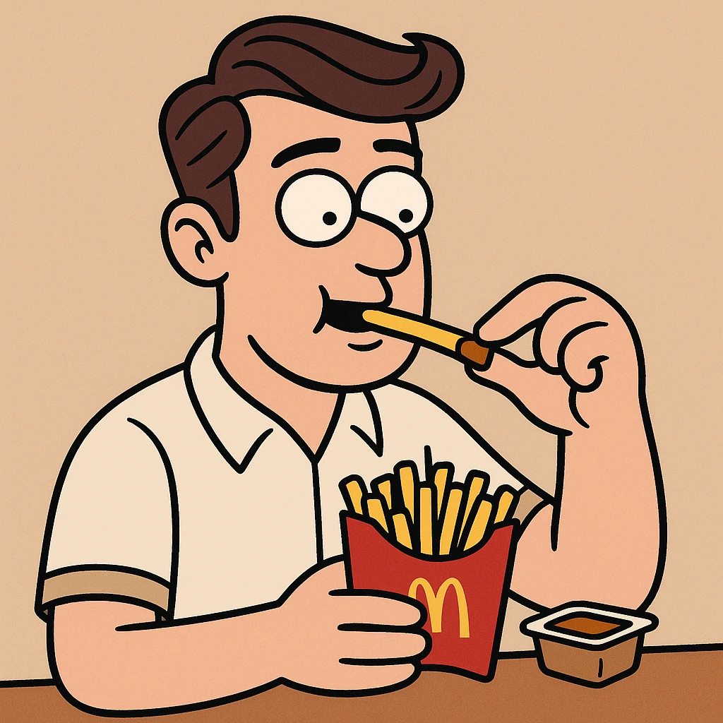 Side oil head brown hair white shirt beige shirts  eating mcdonalds fries some sauce emoji