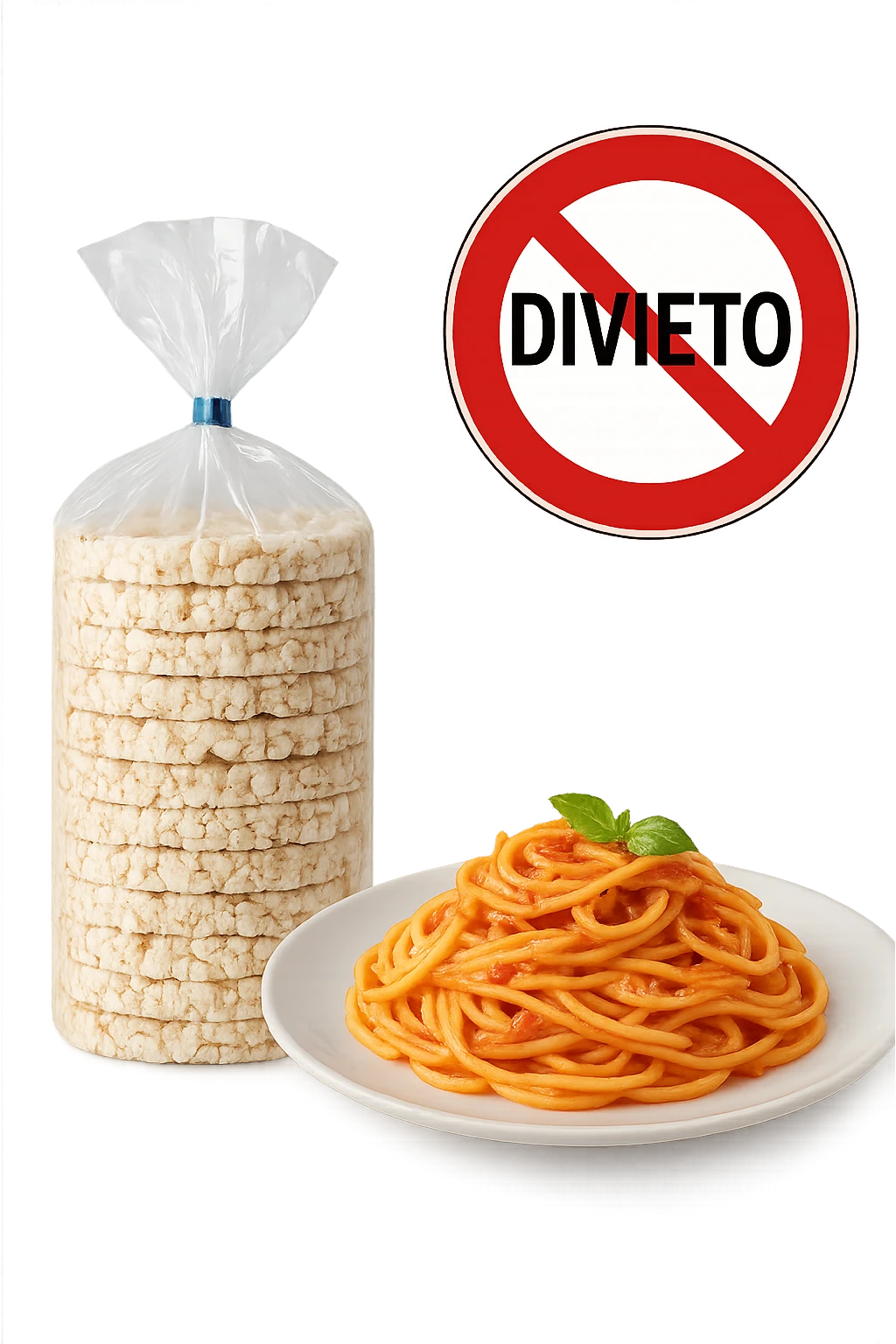 confezione di gallette di riso con accanto un piatto di pasta con divieto sopra, in italiano,  realistici emoji