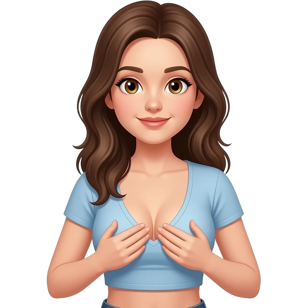 Hot 18 year-old girl wearing crop top, pressing bbobs together, deep cleavage emoji