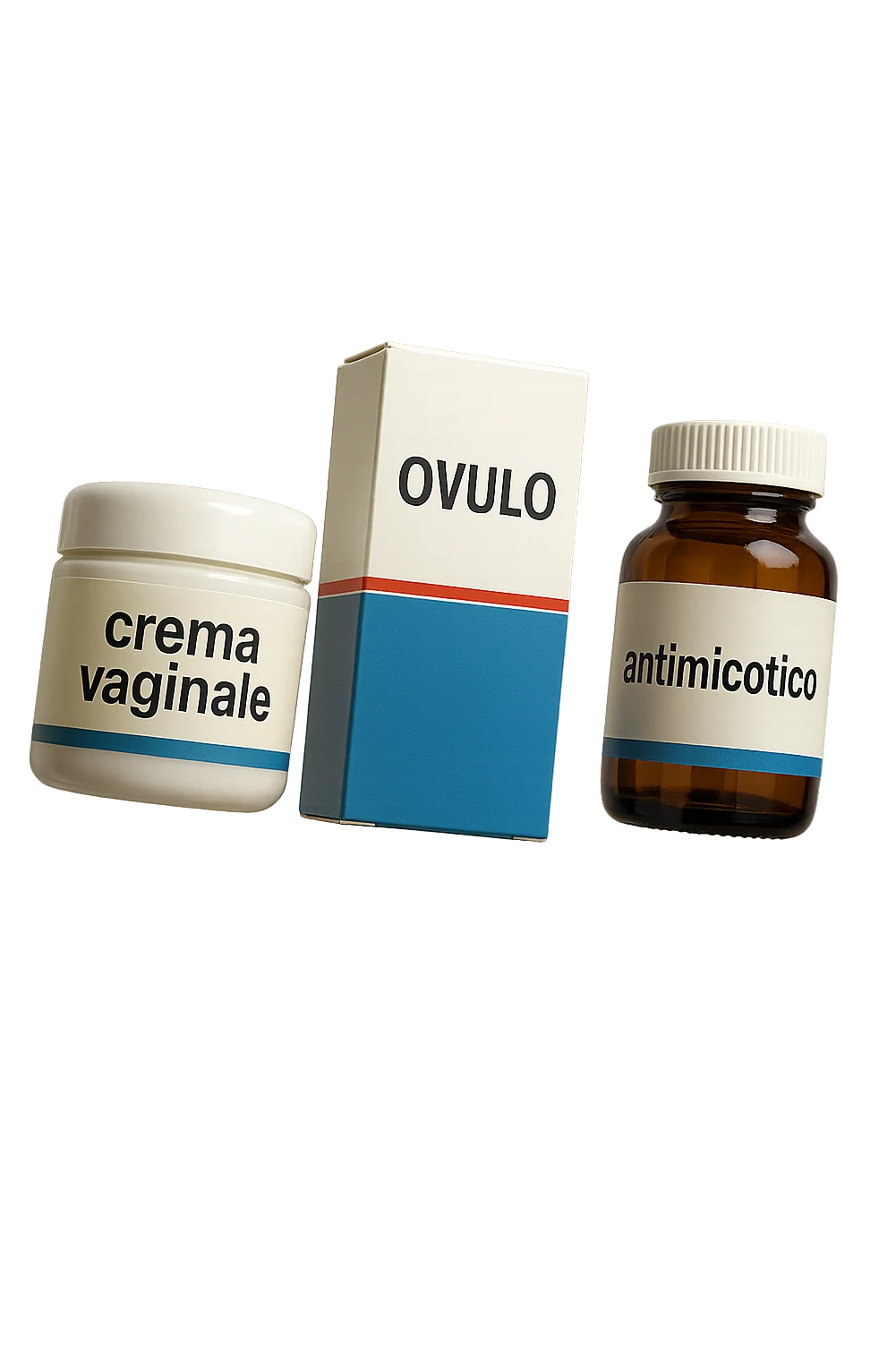 un barattolo di crema con la scritta "crema va**ale", una scatola con farmaco con la scritta "ovulo", un barattolo di farmaco con la scritta "antimicotico" in italiano sulle etichette, fluttuano in aria, IPERREALISTICO 4K emoji