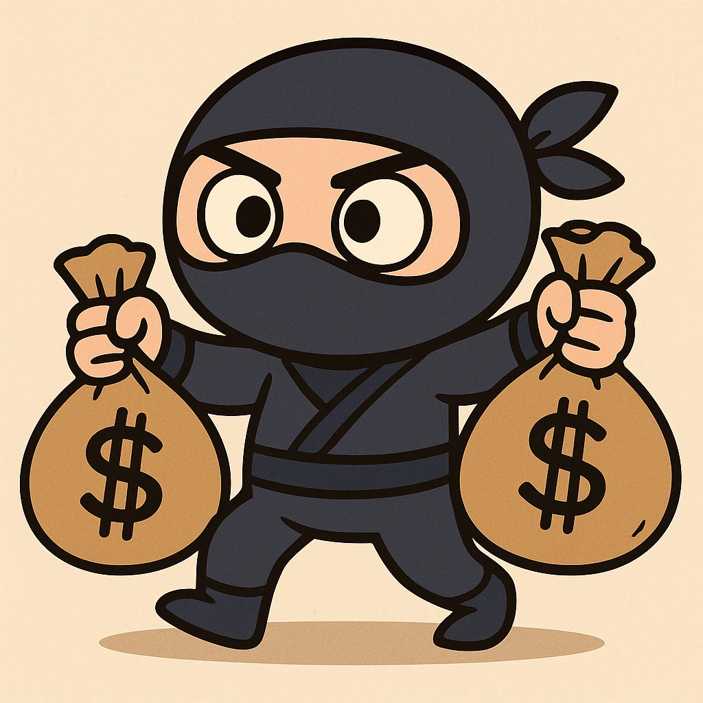 a cute ninja with two money bags, cartoon style emoji
