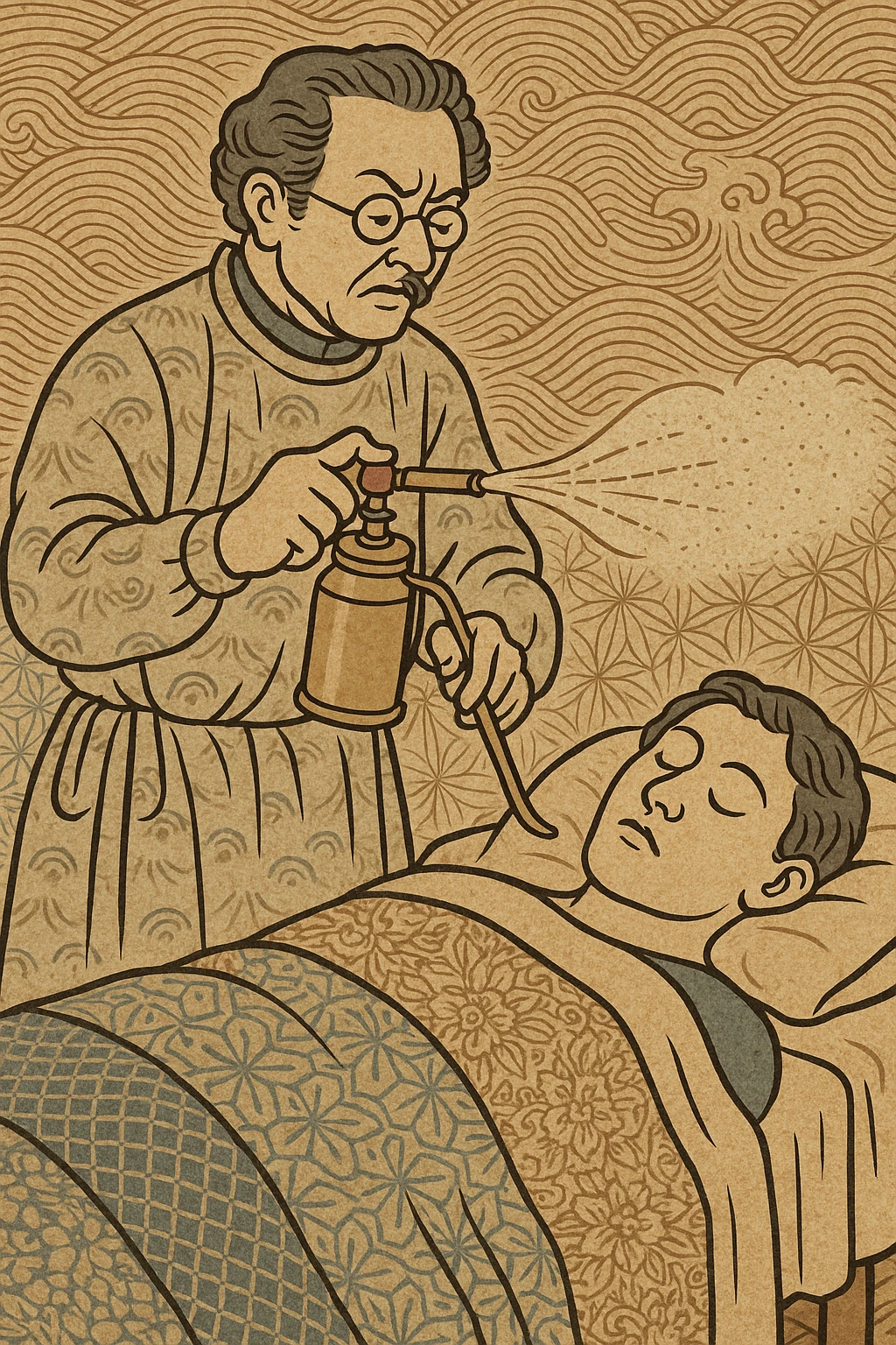 A victorian surgeon using a carbolic spray and wearing a gown operating on a patient who is asleep emoji