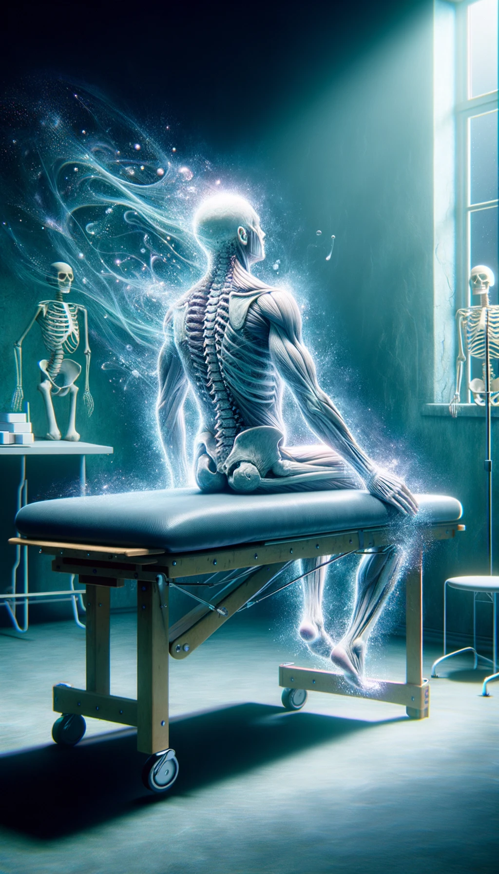 l'anima di un corpo umano anatomico gli esce dal corpo e si risveglia, misticità e serenità del corpo e della mente mentre sta seduto su un lettino di un kinesiologo, iperrealistico 4k emoji