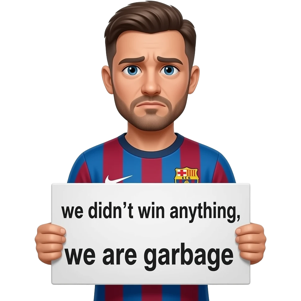 Crea una persona con una persona triste con una camiseta del Atleti sosteniendo un cartel que ponga: no ganamos nada, somos una mierda. emoji