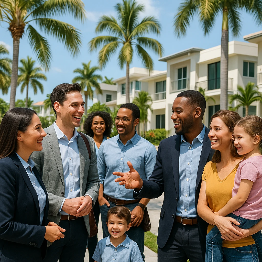 Foto hiper realista que refleje a nuestro cliente ideal de real estate: Profesionales y familias en transición Que desean mudarse a Miami o adquirir una segunda residencia, guiados por un equipo que habla su idioma —literal y figurativamente. emoji