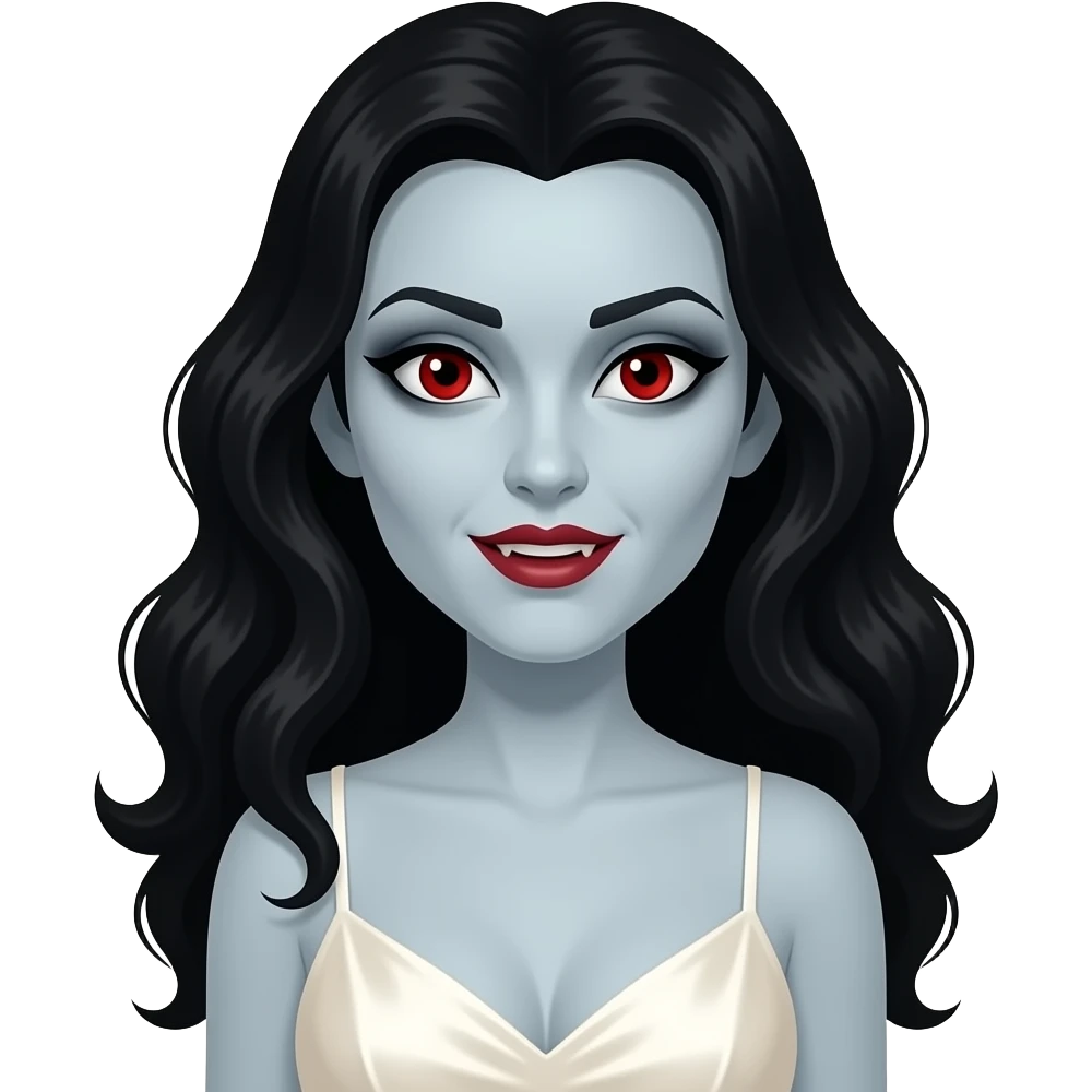 Bride of Dracula from Heroes and Villains with pale-grey skin, red eyes, black 30s wavy hair, ivory silk nightgown emoji