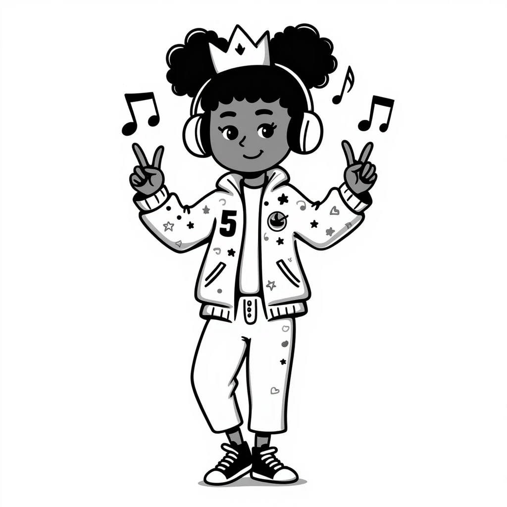 classic kids coloring fun style, black-and-white line art of a confident African-American girl with a crown and headphones, peace sign, hip-hop jacket, sneakers, music notes and stars around her, pure line art only, no shading, no borders, no grayscale, no solid black fills, portrait 1024x1536 emoji