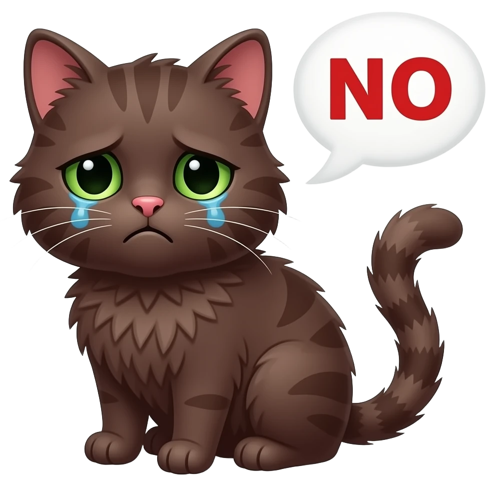 Cute sad depressed dark brown scrunkly cat with green eyes saying “NO” in red letters with a speech bubble emoji