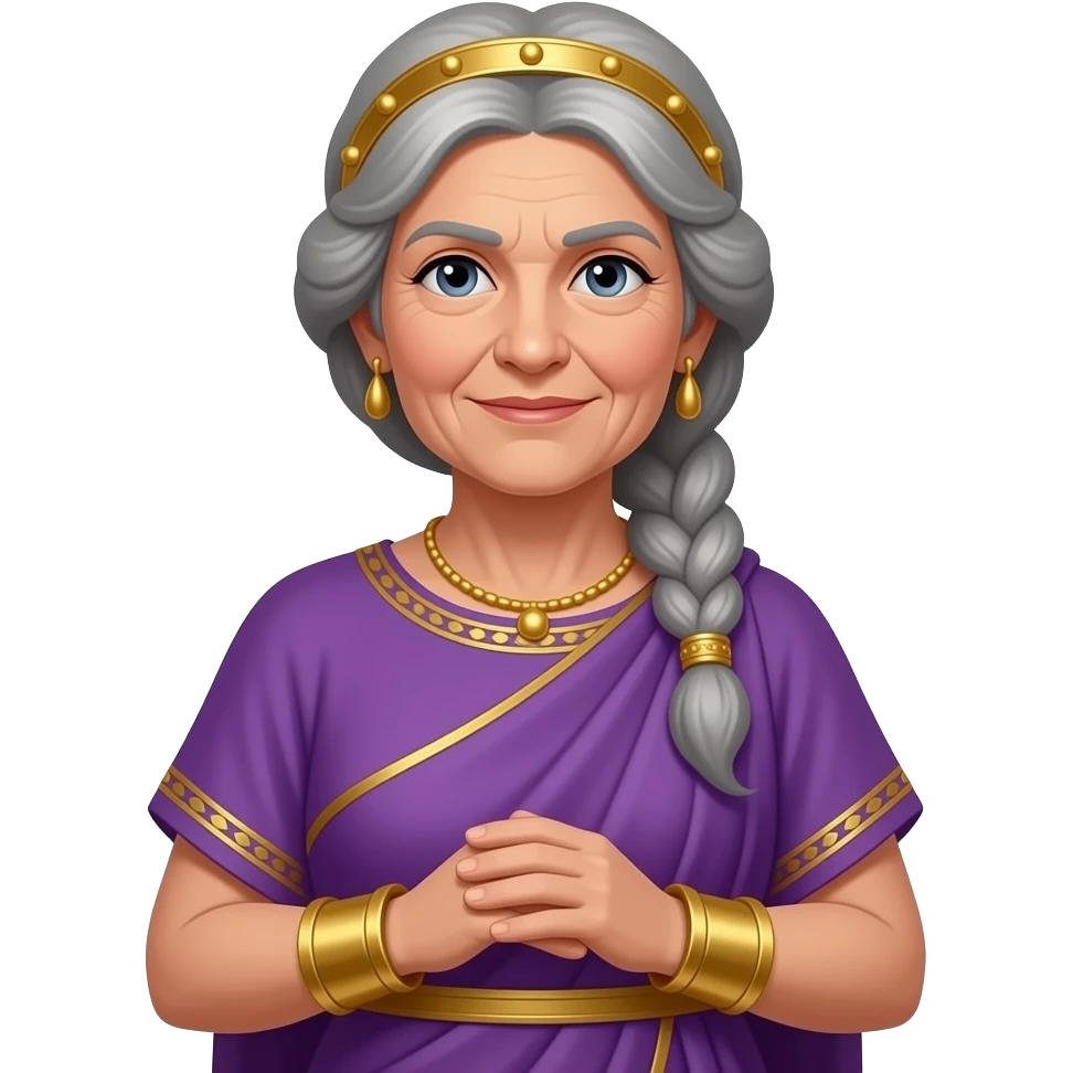 ancient Greek old woman in purple outfit, golden head band, ornaments,  braided hair emoji