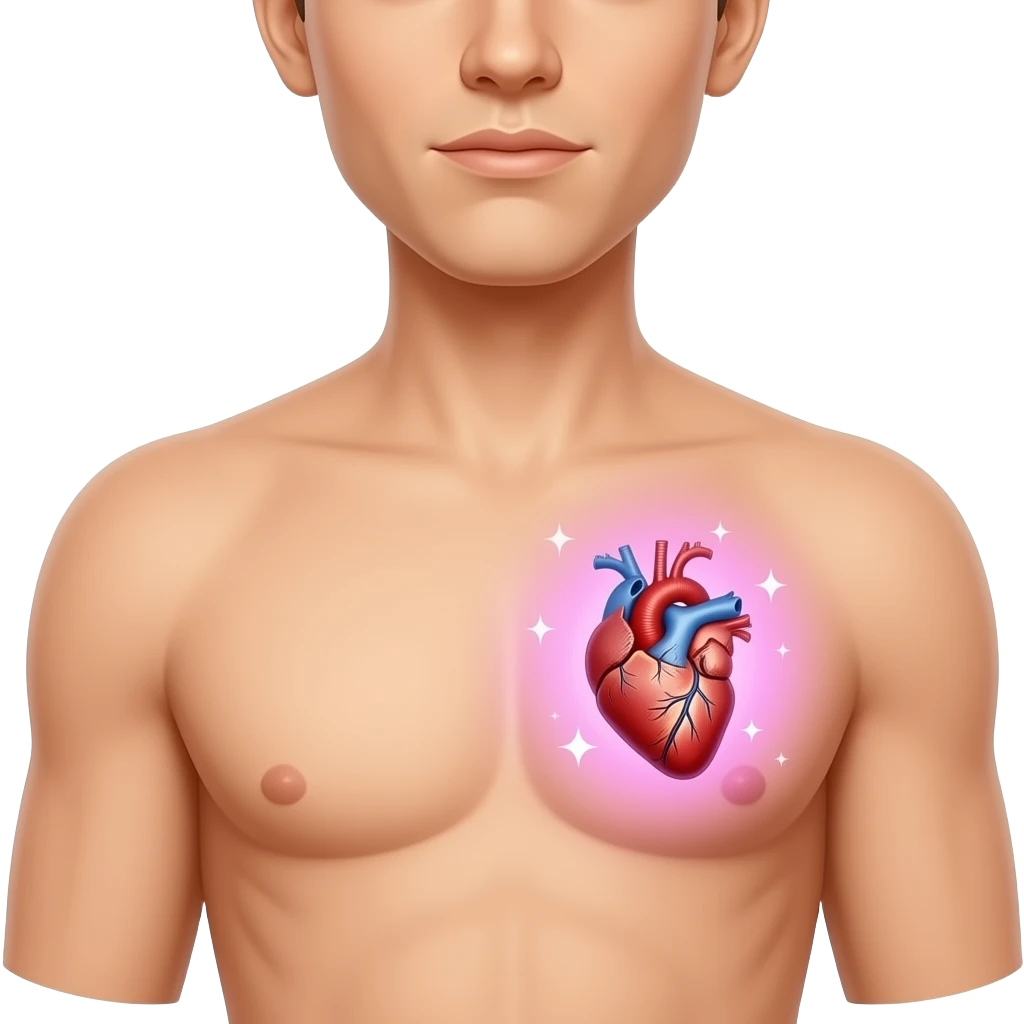 iOS-style emoji of  close up of a human torso with an  little anatomical heart in the chest, soft pink-purple aura with sparkles, smooth gradients, glossy finish, minimal details, neutral background. emoji
