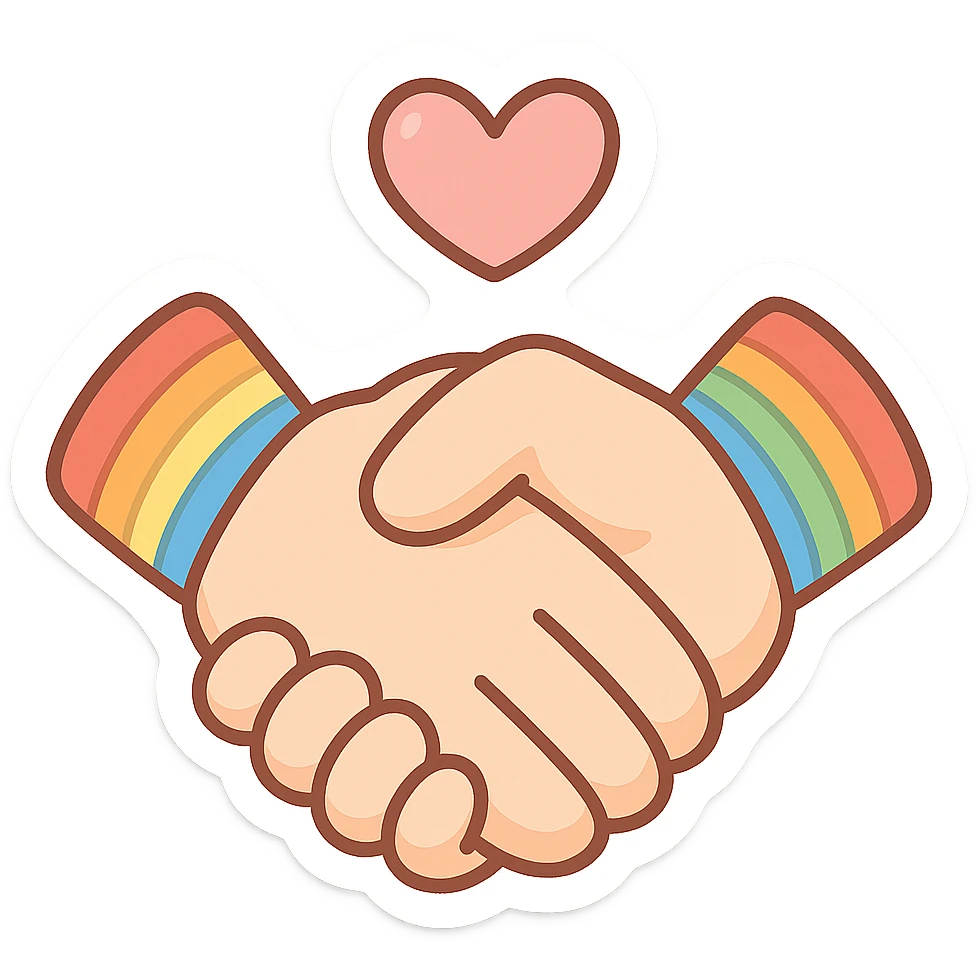 chibi sticker-style pair of clasped hands with a heart and rainbow bracelets, cute and exaggerated emoji