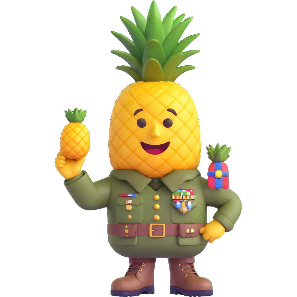 a pineapple saluting in a military uniform with medals and boots, 3D emoji style emoji