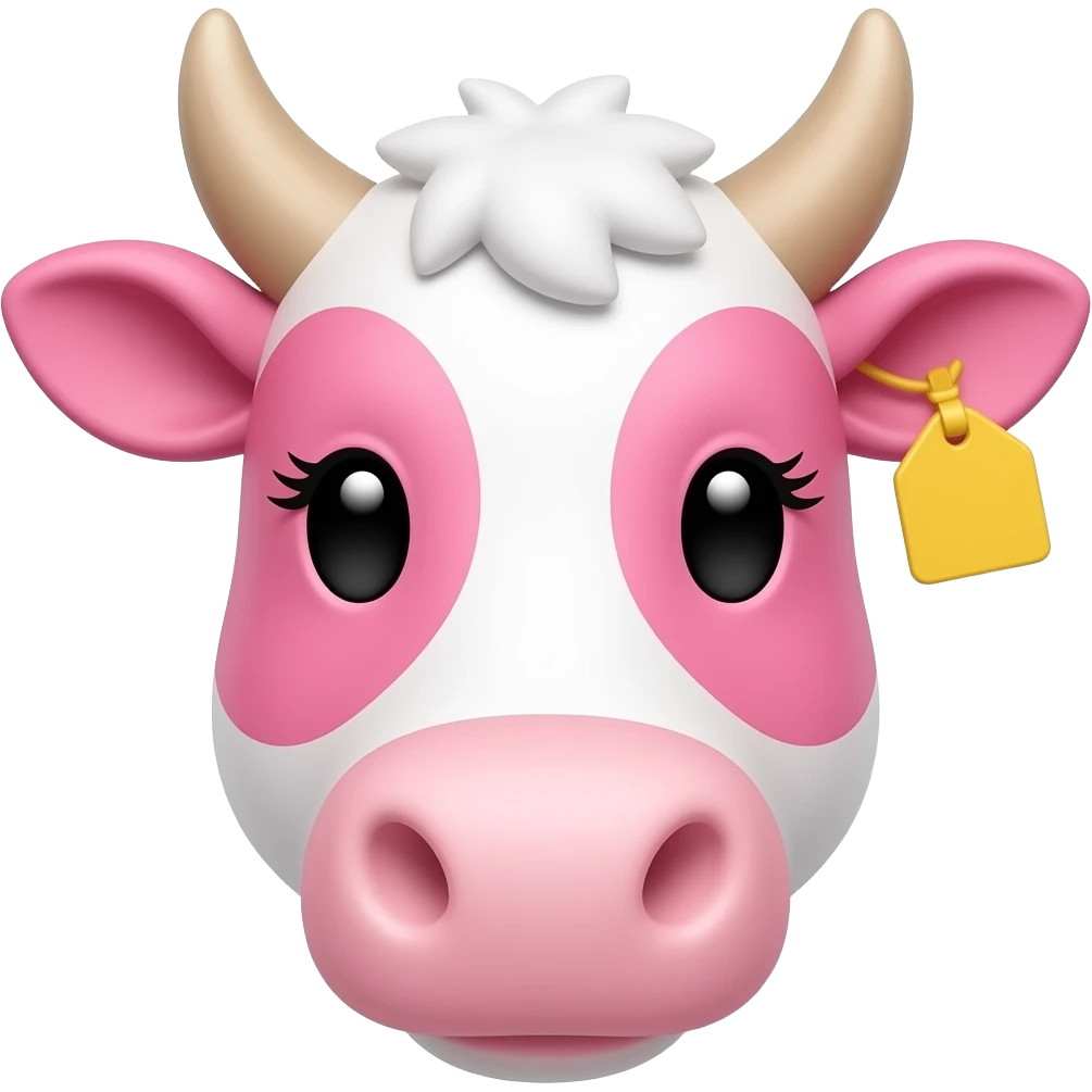 a beautiful cotton-pink cow head with white eylashes and with a yellow tag in its ear emoji