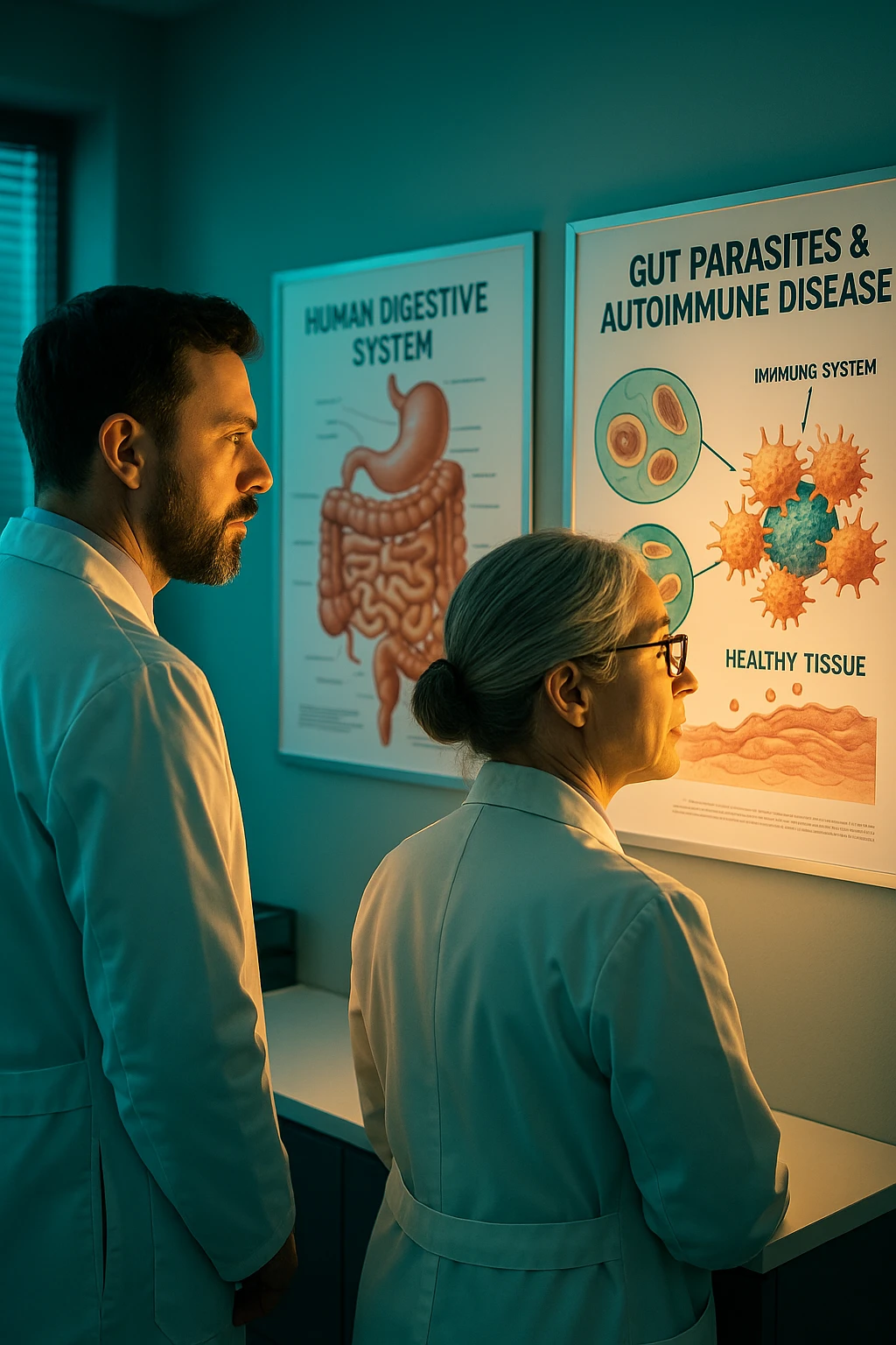 In italiano Realistic, detailed photo taken from behind of two doctors—a bearded man and a middle-aged woman—standing side by side in a modern medical office, intently studying a large, illuminated medical chart on the wall. The chart displays a detailed diagram of the human digestive system, highlighting the intestines and showing microscopic images of intestinal parasites. Next to it, another chart illustrates the immune system attacking healthy tissues, visually connecting gut parasites to autoimmune disease mechanisms. The room is bathed in a single green-blue color, with a warm, yellow-orange light casting soft shadows around the doctors. Both wear white coats and have serious, focused expressions, suggesting a deep discussion about the root causes of autoimmune conditions. Shot with a Canon EOS R5, with high detail, natural depth of field, and a clinical yet dramatic atmosphere. emoji