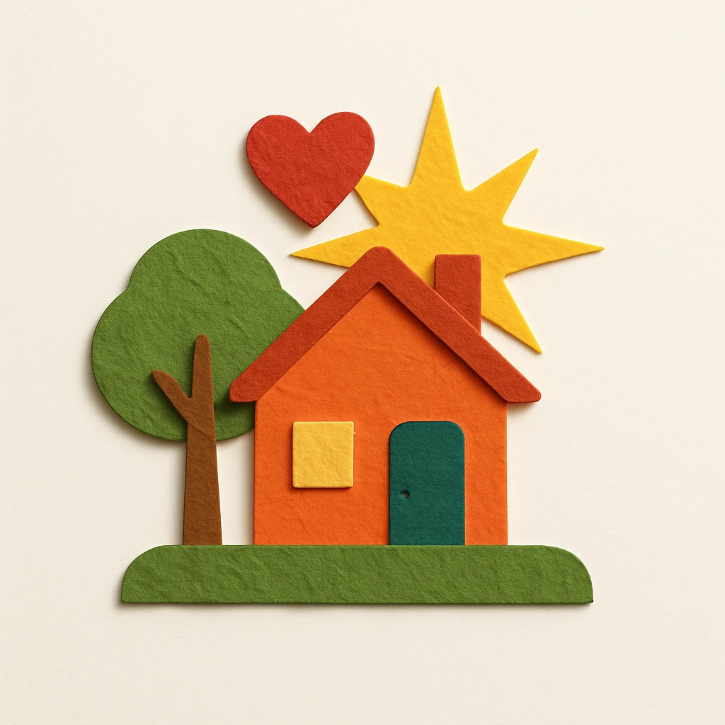 small charming house with a tree, green grass, heart above the roof, golden star shining behind, paper craft style, representing local pride and community rewards emoji