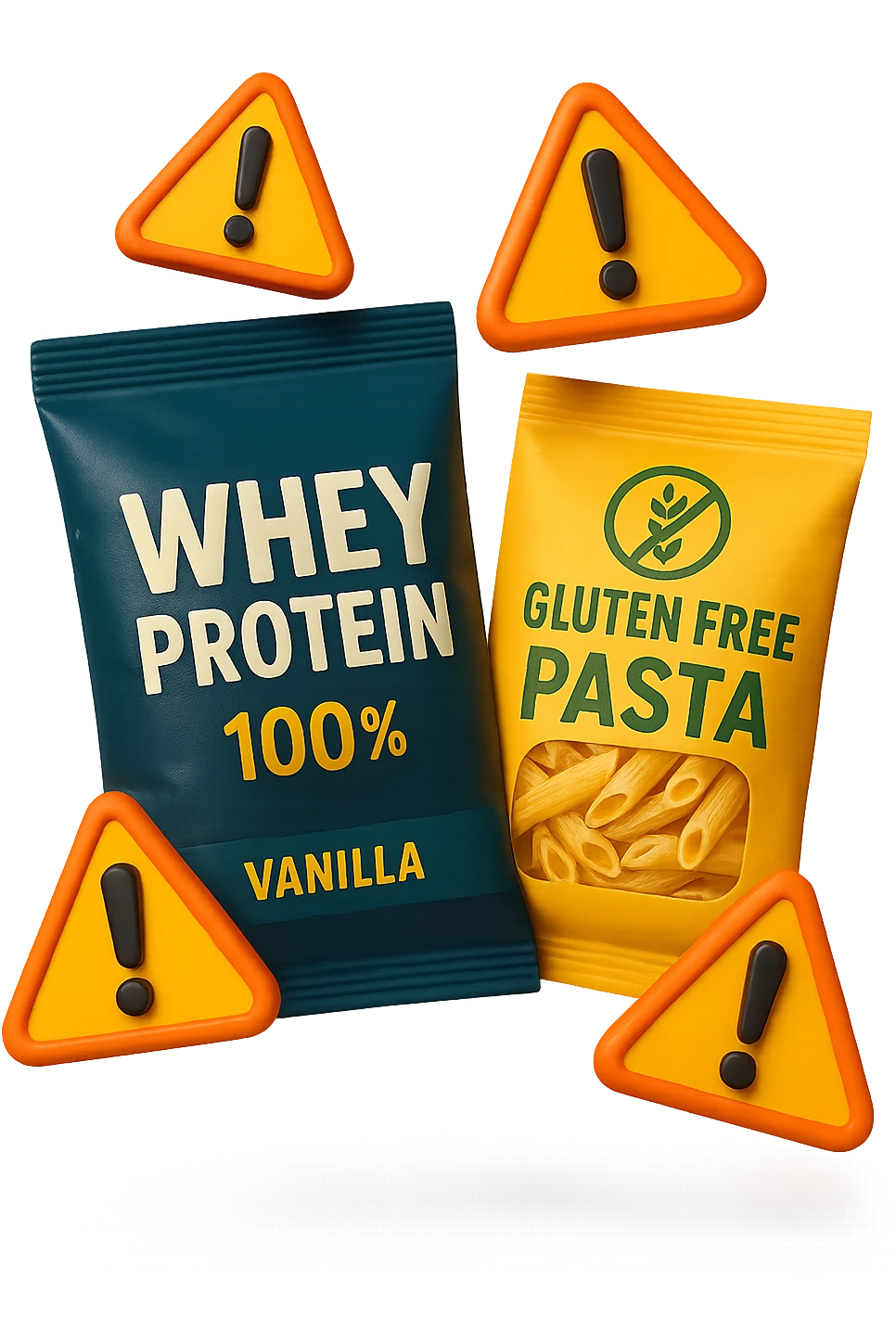 SU QUESTO STILE FAI UN EMOJI STILE IPHONE 3D DI UN pacco di whey protein e un pacco di pasta senza glutine che fluttuano in aria insieme a segnali di pericolo in 3d, FALLO MOLTO REALISTICO IN 3D emoji