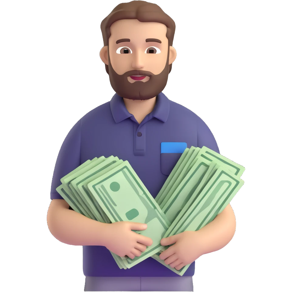 bearded brown-haired man in a polo shirt holding bundles of bills emoji