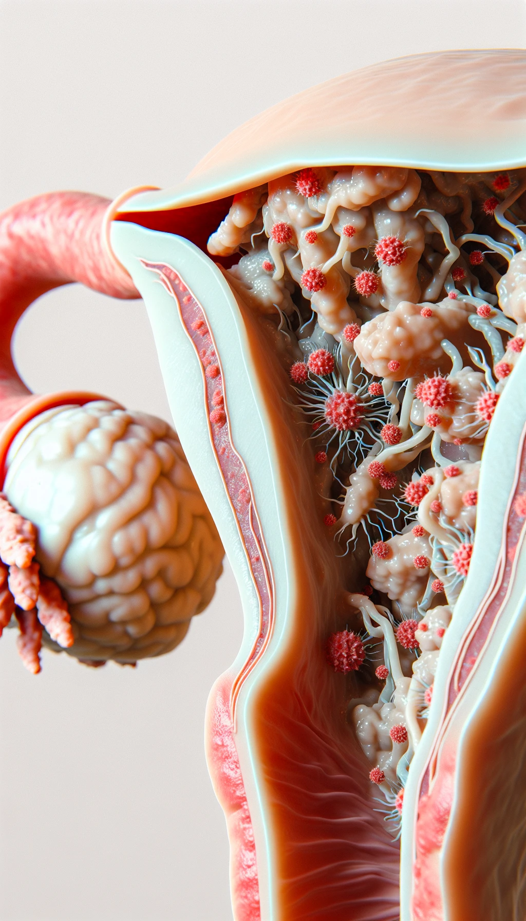 corpo umano anatomico con batteri come la candida nell'utero, sfondo neutro chiaro, iperrealistico 4k emoji