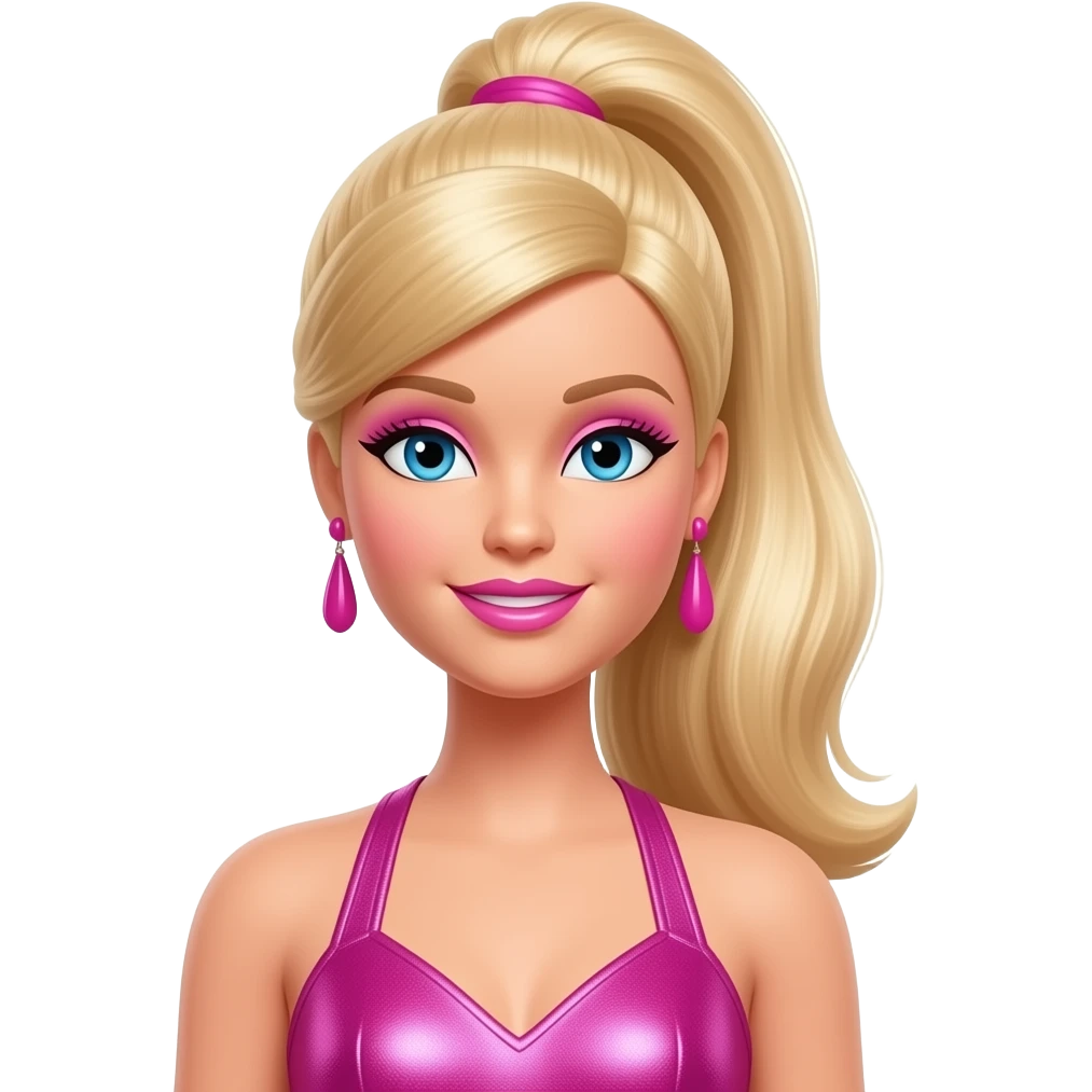 Barbie from Barbie and Friends with blue eyes, long blonde high ponytail hair, pink eyeshadow, pink lipstick, pink metallic halter dress, pink earrings emoji