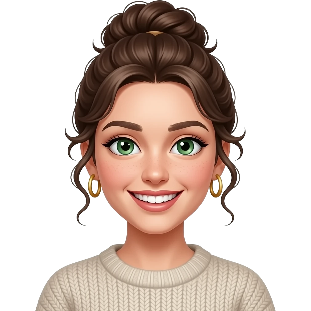 très jeune femme brune, yeux verts, cheveux en chignon haut ondulés, grand sourire charmeur sans les dents, maquillage, botox, pull, anneaux dorés aux oreilles emoji