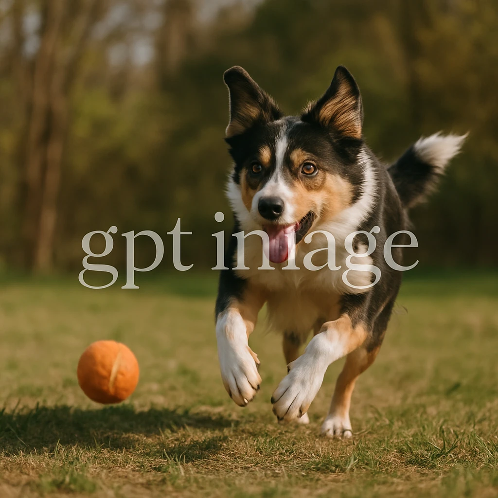  logo with text "gpt image" on the background of a dog chasing ball, realistic image emoji